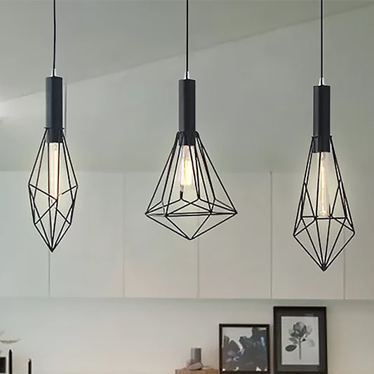 3 Lights Polygon Ceiling Light with Cage Shade Retro Style Black Metallic Suspended Light Fixture for Dining Room Clearhalo 'Art Deco Pendants' 'Black' 'Cast Iron' 'Ceiling Lights' 'Ceramic' 'Crystal' 'Industrial Pendants' 'Industrial' 'Metal' 'Middle Century Pendants' 'Pendant Lights' 'Pendants' 'Rustic Pendants' 'Tiffany' Lighting' 439044