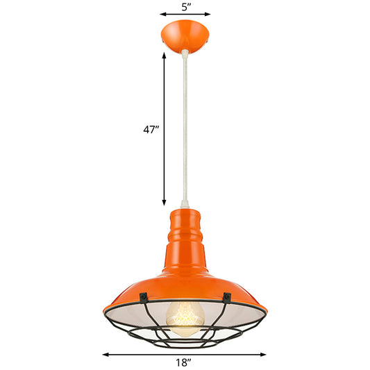 Orange/Blue/Green Bowl Hanging Light with Wire Guard Industrial Metal 1 Light Dining Room Pendant Light Fixture, 10"/14"/18" Dia Clearhalo 'Art Deco Pendants' 'Black' 'Cast Iron' 'Ceiling Lights' 'Ceramic' 'Crystal' 'Industrial Pendants' 'Industrial' 'Metal' 'Middle Century Pendants' 'Pendant Lights' 'Pendants' 'Rustic Pendants' 'Tiffany' Lighting' 4390