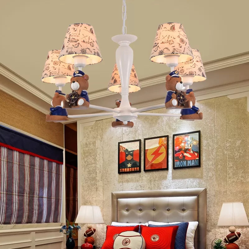Modern Style White Pendant Light Tapered Shade Bear Metal Chandelier for Child Bedroom Clearhalo 'Ceiling Lights' 'Chandeliers' Lighting' options 45001