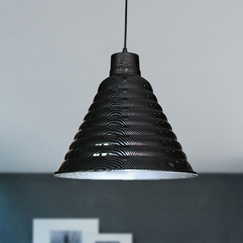 Ribbed Tapered Shade Metal Hanging Light Industrial Style 1 Light Restaurant Pendant Lighting in Black Clearhalo 'Art Deco Pendants' 'Black' 'Cast Iron' 'Ceiling Lights' 'Ceramic' 'Crystal' 'Industrial Pendants' 'Industrial' 'Metal' 'Middle Century Pendants' 'Pendant Lights' 'Pendants' 'Rustic Pendants' 'Tiffany' Lighting' 452533