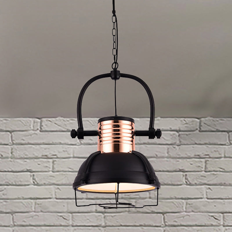 Matte Black 1 Light Pendant Light Industrial Metallic Dome Shade Ceiling Fixture with Glass Diffuser and Wire Cage Clearhalo 'Art Deco Pendants' 'Black' 'Cast Iron' 'Ceiling Lights' 'Ceramic' 'Crystal' 'Industrial Pendants' 'Industrial' 'Metal' 'Middle Century Pendants' 'Pendant Lights' 'Pendants' 'Rustic Pendants' 'Tiffany' Lighting' 452547