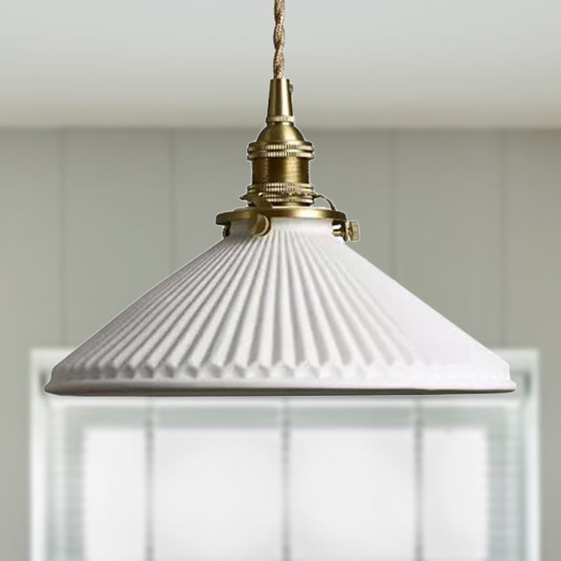 Industrial Style Conical Pendant Light with Ribbed Design 1 Light Ceramics Hanging Lamp in White White Clearhalo 'Ceiling Lights' 'Modern Pendants' 'Modern' 'Pendant Lights' 'Pendants' Lighting' 452564
