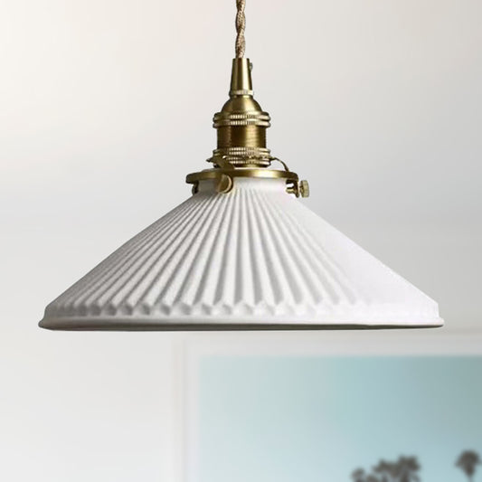 Industrial Style Conical Pendant Light with Ribbed Design 1 Light Ceramics Hanging Lamp in White Clearhalo 'Ceiling Lights' 'Modern Pendants' 'Modern' 'Pendant Lights' 'Pendants' Lighting' 452565