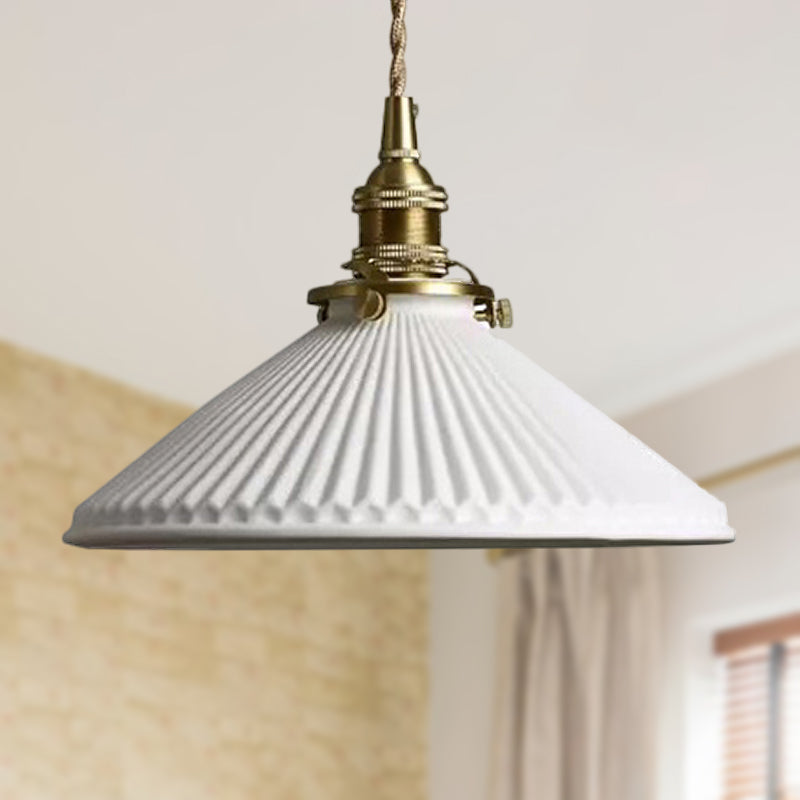 Industrial Style Conical Pendant Light with Ribbed Design 1 Light Ceramics Hanging Lamp in White Clearhalo 'Ceiling Lights' 'Modern Pendants' 'Modern' 'Pendant Lights' 'Pendants' Lighting' 452566