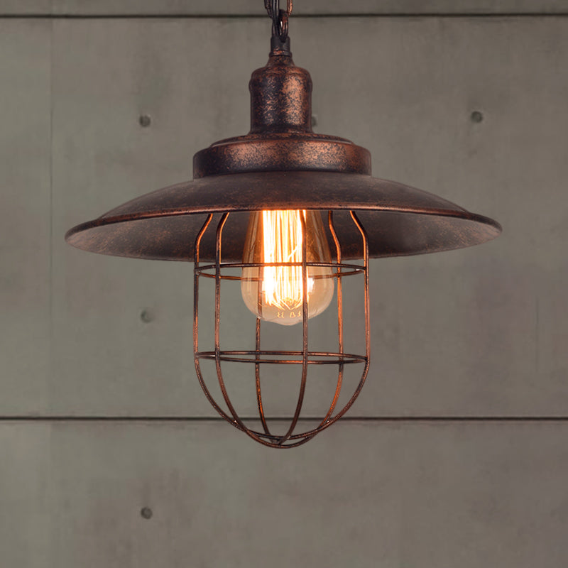 Nautical Saucer Ceiling Light with Cage Shade 1 Light Wrought Iron Hanging Pendant Light in Rust Clearhalo 'Art Deco Pendants' 'Cast Iron' 'Ceiling Lights' 'Ceramic' 'Crystal' 'Industrial Pendants' 'Industrial' 'Metal' 'Middle Century Pendants' 'Pendant Lights' 'Pendants' 'Tiffany' Lighting' 452579