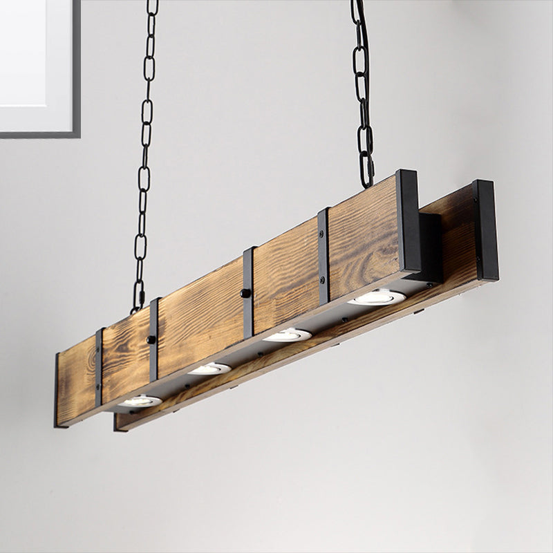 Rectangular Wooden Island Ceiling Light Industrial 4 Lights Brown Island Lamp with Metal Chain Brown Clearhalo 'Ceiling Lights' 'Island Lights' Lighting' 45566