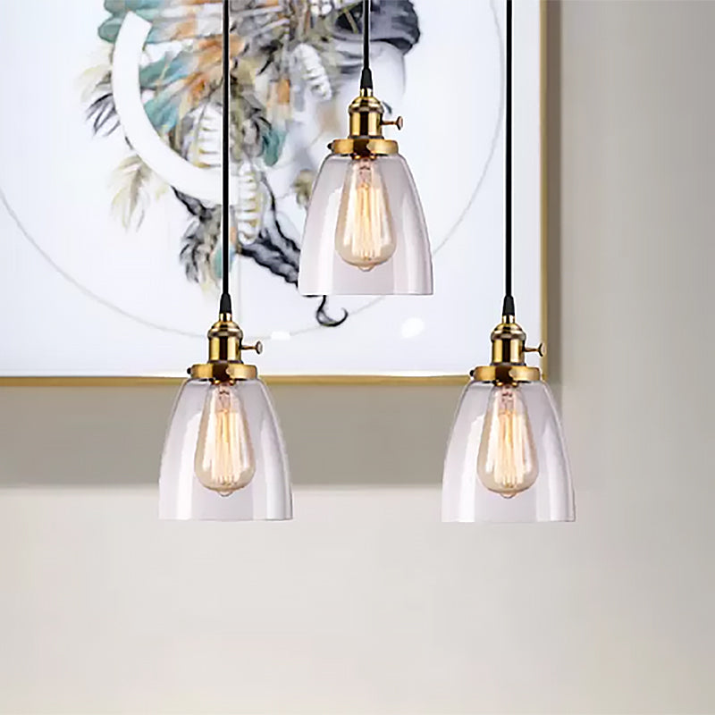 3-Light Multi Pendant Tapered Clear Glass Industrial Dining Room Hanging Light Fixture in Aged Brass Clearhalo 'Ceiling Lights' 'Glass shade' 'Glass' 'Industrial Pendants' 'Industrial' 'Middle Century Pendants' 'Pendant Lights' 'Pendants' 'Tiffany' Lighting' 456196