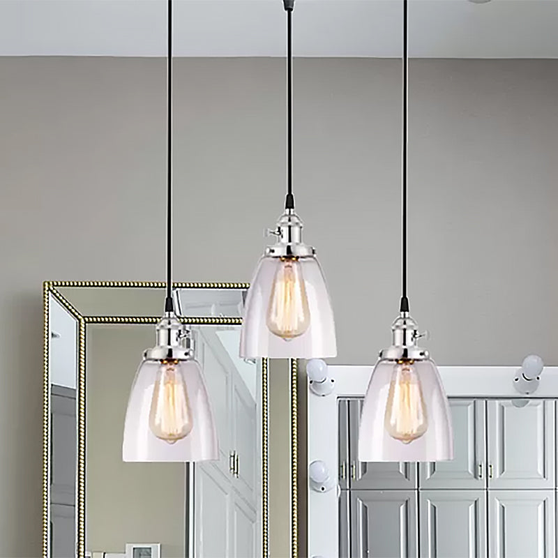 3 Lights Multiple Hanging Light Industrial Conical Clear Glass Pendant Lighting in Chrome Clearhalo 'Ceiling Lights' 'Glass shade' 'Glass' 'Industrial Pendants' 'Industrial' 'Middle Century Pendants' 'Pendant Lights' 'Pendants' 'Tiffany' Lighting' 456198
