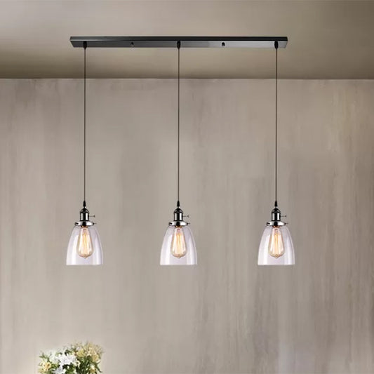 3 Lights Multi Pendant with Cone Shade Ribbed Clear Glass Farmhouse Dining Room Hanging Light Fixture, Linear Canopy Clearhalo 'Ceiling Lights' 'Glass shade' 'Glass' 'Industrial Pendants' 'Industrial' 'Island Lights' 'Middle Century Pendants' 'Pendant Lights' 'Pendants' 'Tiffany' Lighting' 456200