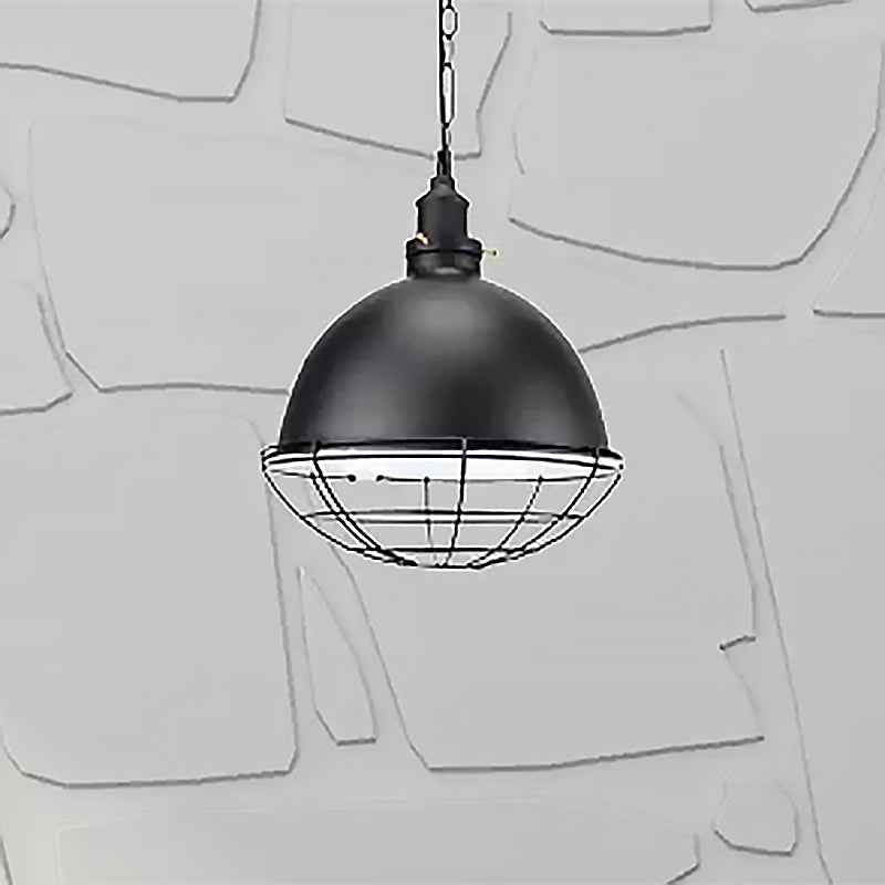 Bowl Shade Indoor Pendant Light Retro Industrial Metal 1 Bulb Black/White/Red Ceiling Light with Wire Guard and Chain Black Clearhalo 'Art Deco Pendants' 'Black' 'Cast Iron' 'Ceiling Lights' 'Ceramic' 'Crystal' 'Industrial Pendants' 'Industrial' 'Metal' 'Middle Century Pendants' 'Pendant Lights' 'Pendants' 'Rustic Pendants' 'Tiffany' Lighting' 456219
