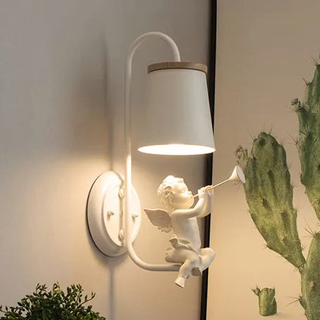 White Little Angel Wall Light with Bucket Shade 1 Head Metal Wall Lamp for Living Room White B Clearhalo 'Wall Lamps & Sconces' 'Wall Lights' Lighting' 45622