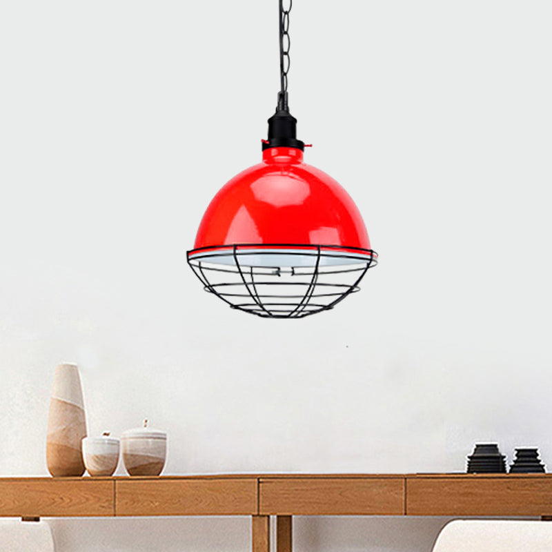 Bowl Shade Indoor Pendant Light Retro Industrial Metal 1 Bulb Black/White/Red Ceiling Light with Wire Guard and Chain Red Clearhalo 'Art Deco Pendants' 'Black' 'Cast Iron' 'Ceiling Lights' 'Ceramic' 'Crystal' 'Industrial Pendants' 'Industrial' 'Metal' 'Middle Century Pendants' 'Pendant Lights' 'Pendants' 'Rustic Pendants' 'Tiffany' Lighting' 456223