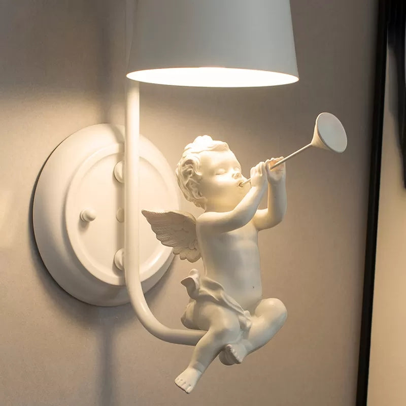 White Little Angel Wall Light with Bucket Shade 1 Head Metal Wall Lamp for Living Room Clearhalo 'Wall Lamps & Sconces' 'Wall Lights' Lighting' 45625