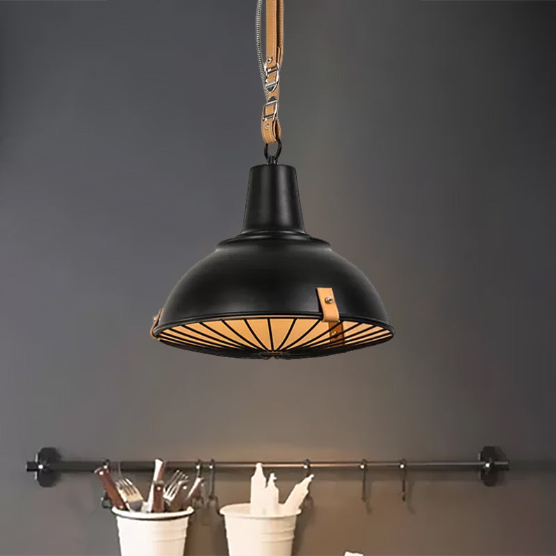 1 Head Dome Ceiling Pendant Light Industrial Black Metallic Hanging Lamp with Wire Frame and Leather Strap Design Clearhalo 'Art Deco Pendants' 'Black' 'Cast Iron' 'Ceiling Lights' 'Ceramic' 'Crystal' 'Industrial Pendants' 'Industrial' 'Metal' 'Middle Century Pendants' 'Pendant Lights' 'Pendants' 'Rustic Pendants' 'Tiffany' Lighting' 456262