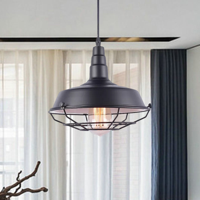 White Inner/Black Wire Guard Pendant Lighting with Barn Shade Vintage Wrought Iron 1 Light Kitchen Suspended Light Clearhalo 'Art Deco Pendants' 'Black' 'Cast Iron' 'Ceiling Lights' 'Ceramic' 'Crystal' 'Industrial Pendants' 'Industrial' 'Metal' 'Middle Century Pendants' 'Pendant Lights' 'Pendants' 'Rustic Pendants' 'Tiffany' Lighting' 456276