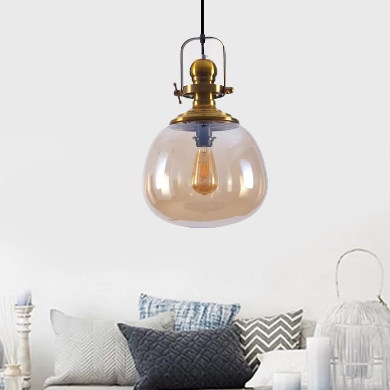 1 Light Round Ceiling Pendant Light Modern Antique Brass Amber Glass Hanging Lamp for Living Room Clearhalo 'Ceiling Lights' 'Glass shade' 'Glass' 'Industrial Pendants' 'Industrial' 'Middle Century Pendants' 'Pendant Lights' 'Pendants' 'Tiffany' Lighting' 456293