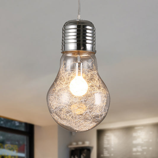 Bulb Shaped Pendant Lighting Industrial 1 Light Clear Glass Hanging Ceiling Light in Chrome, 6"/8.5"/12" Wide Clearhalo 'Ceiling Lights' 'Glass shade' 'Glass' 'Industrial Pendants' 'Industrial' 'Middle Century Pendants' 'Pendant Lights' 'Pendants' 'Tiffany' Lighting' 456295