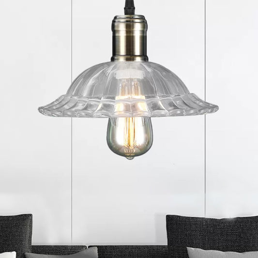 1 Light Hanging Ceiling Light with Scalloped Shade Ribbed Glass Industrial Living Room Pendant Lighting in Clear Clearhalo 'Ceiling Lights' 'Glass shade' 'Glass' 'Industrial Pendants' 'Industrial' 'Middle Century Pendants' 'Pendant Lights' 'Pendants' 'Tiffany' Lighting' 456300
