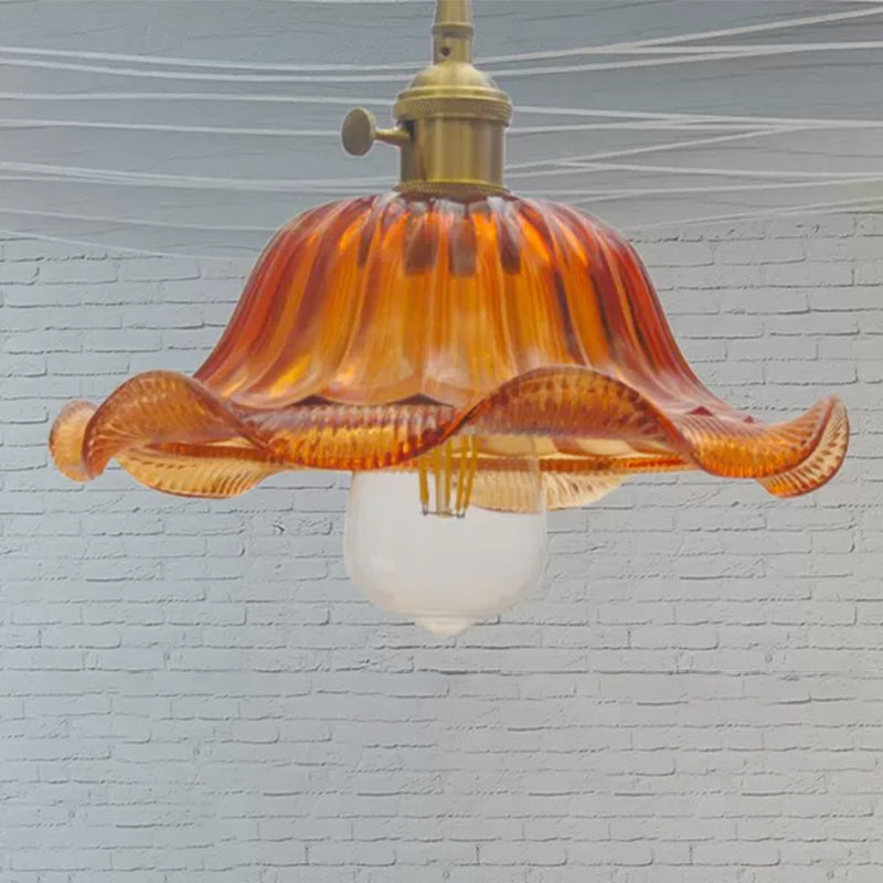 8"/10"/12" Wide Scalloped Pendant Lighting Vintage 1 Light Ribbed Glass Hanging Lamp in Yellow for Living Room Clearhalo 'Ceiling Lights' 'Glass shade' 'Glass' 'Industrial Pendants' 'Industrial' 'Middle Century Pendants' 'Pendant Lights' 'Pendants' 'Tiffany' Lighting' 456301