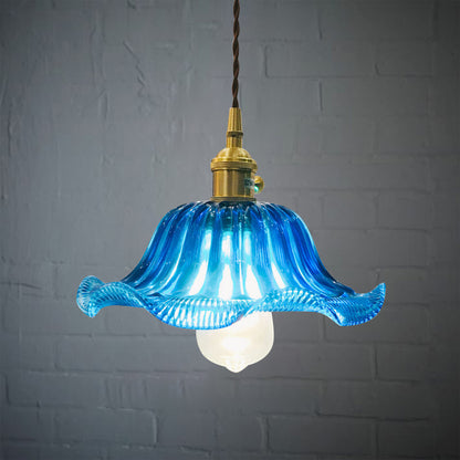 Industrial Scalloped Hanging Ceiling Light 1 Light Blue Glass Pendant Lighting Fixture, 12" Wide Blue Clearhalo 'Ceiling Lights' 'Glass shade' 'Glass' 'Industrial Pendants' 'Industrial' 'Middle Century Pendants' 'Pendant Lights' 'Pendants' 'Tiffany' Lighting' 456302