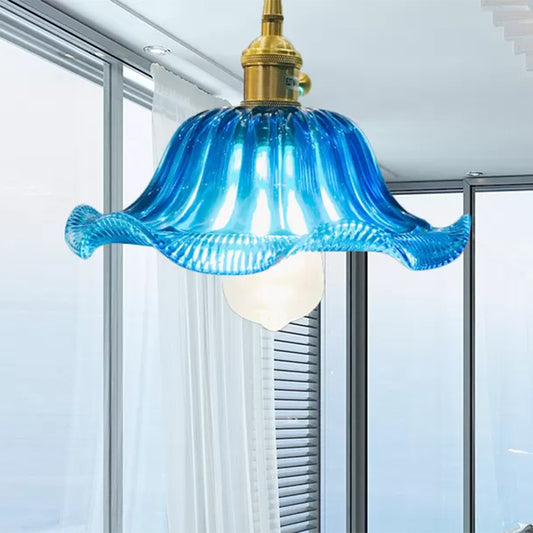 Industrial Scalloped Hanging Ceiling Light 1 Light Blue Glass Pendant Lighting Fixture, 12" Wide Clearhalo 'Ceiling Lights' 'Glass shade' 'Glass' 'Industrial Pendants' 'Industrial' 'Middle Century Pendants' 'Pendant Lights' 'Pendants' 'Tiffany' Lighting' 456303