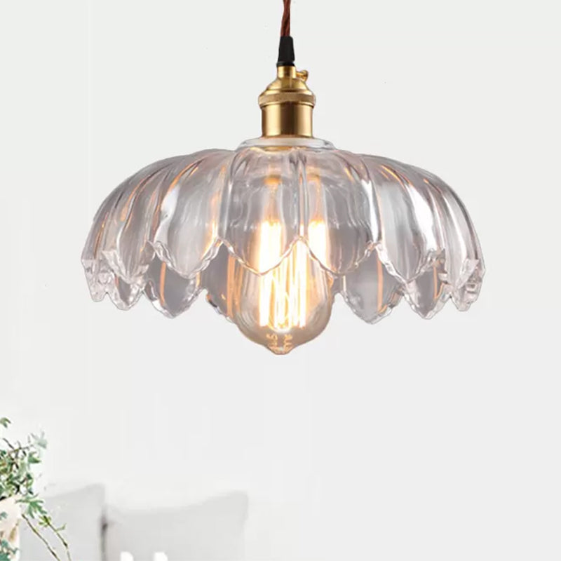 Single Bulb Hanging Ceiling Light with Scalloped Shade Clear Glass Industrial Living Room Pendant Lighting, 8"/10"/12" Wide Clearhalo 'Ceiling Lights' 'Glass shade' 'Glass' 'Industrial Pendants' 'Industrial' 'Middle Century Pendants' 'Pendant Lights' 'Pendants' 'Tiffany' Lighting' 456304