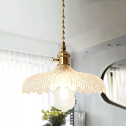 Brass Scalloped Pendant Ceiling Light Farmhouse Frosted Glass 1 Light Living Room Hanging Lamp Clearhalo 'Ceiling Lights' 'Glass shade' 'Glass' 'Industrial Pendants' 'Industrial' 'Middle Century Pendants' 'Pendant Lights' 'Pendants' 'Tiffany' Lighting' 456305