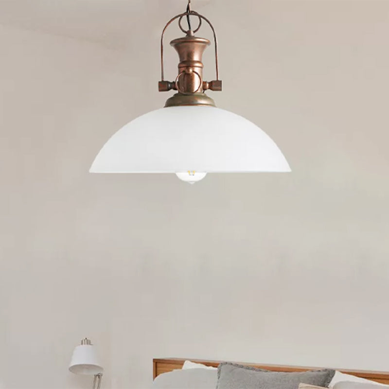 12"/15.5" Wide Dome Pendant Lighting Industrial 1 Light White/Green Glass Hanging Lamp in Rust Clearhalo 'Ceiling Lights' 'Glass shade' 'Glass' 'Industrial Pendants' 'Industrial' 'Middle Century Pendants' 'Pendant Lights' 'Pendants' 'Tiffany' Lighting' 456307