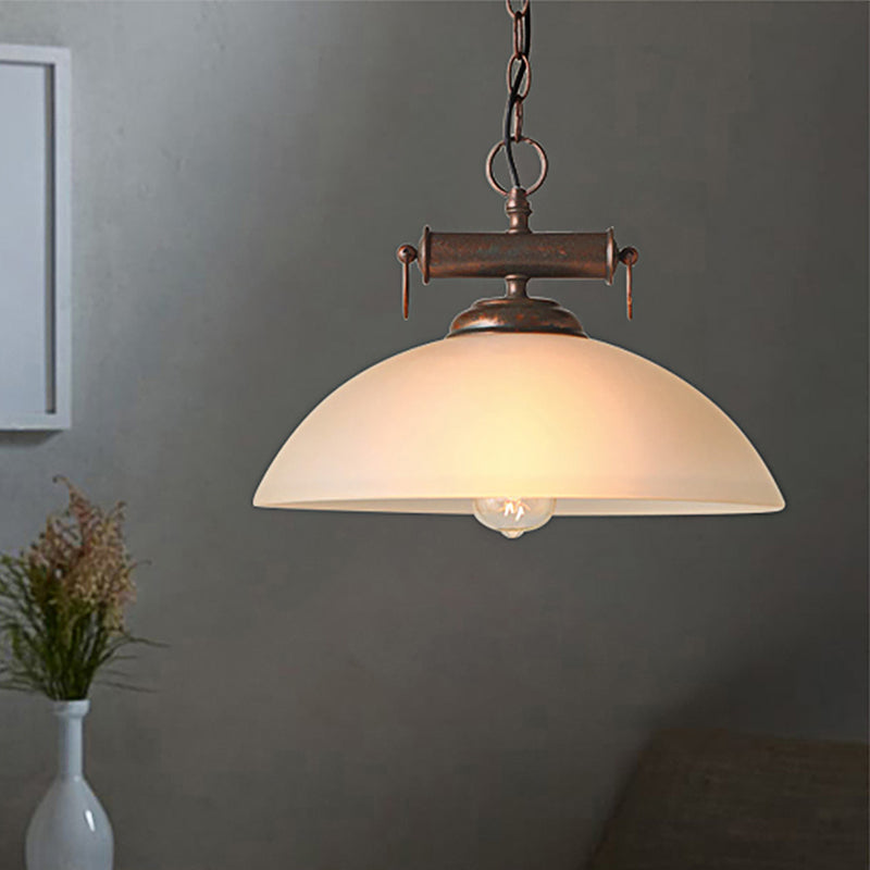 Farmhouse Dome Pendant Lamp Single Light White Glass Hanging Light Fixture in Brass with Chain White Clearhalo 'Ceiling Lights' 'Close To Ceiling Lights' 'Glass shade' 'Glass' 'Industrial Pendants' 'Industrial' 'Middle Century Pendants' 'Pendant Lights' 'Pendants' 'Tiffany' Lighting' 456308