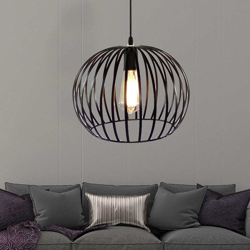 12"/14" Wide Globe Cage Metal Ceiling Light Industrial 1 Bulb Living Room Pendant Lighting in Satin Black Clearhalo 'Art Deco Pendants' 'Black' 'Cast Iron' 'Ceiling Lights' 'Ceramic' 'Crystal' 'Industrial Pendants' 'Industrial' 'Metal' 'Middle Century Pendants' 'Pendant Lights' 'Pendants' 'Rustic Pendants' 'Tiffany' Lighting' 456325