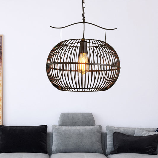 Wire Cage Living Room Ceiling Light with Round Shade and Chain Industrial Style Metal 1 Light Black Pendant Lighting Clearhalo 'Art Deco Pendants' 'Black' 'Cast Iron' 'Ceiling Lights' 'Ceramic' 'Crystal' 'Industrial Pendants' 'Industrial' 'Metal' 'Middle Century Pendants' 'Pendant Lights' 'Pendants' 'Rustic Pendants' 'Tiffany' Lighting' 456327