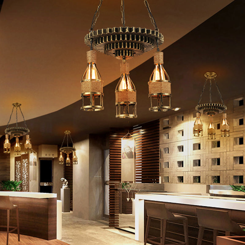 Bottle Caged Iron Ceiling Hanging Light Rustic Industrial 3 Lights Bar Pendant Lamp with Gear Decoration Clearhalo 'Ceiling Lights' 'Industrial Pendants' 'Industrial' 'Middle Century Pendants' 'Pendant Lights' 'Pendants' 'Tiffany' Lighting' 456340