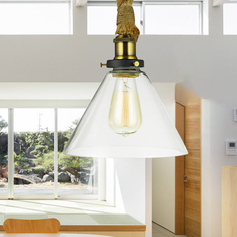 Industrial Style Cone Suspension Light 1 Light Clear Glass Pendant Light with Adjustable Rope in Brass Brass Clearhalo 'Ceiling Lights' 'Close To Ceiling Lights' 'Glass shade' 'Glass' 'Industrial Pendants' 'Industrial' 'Middle Century Pendants' 'Pendant Lights' 'Pendants' 'Tiffany' Lighting' 456341