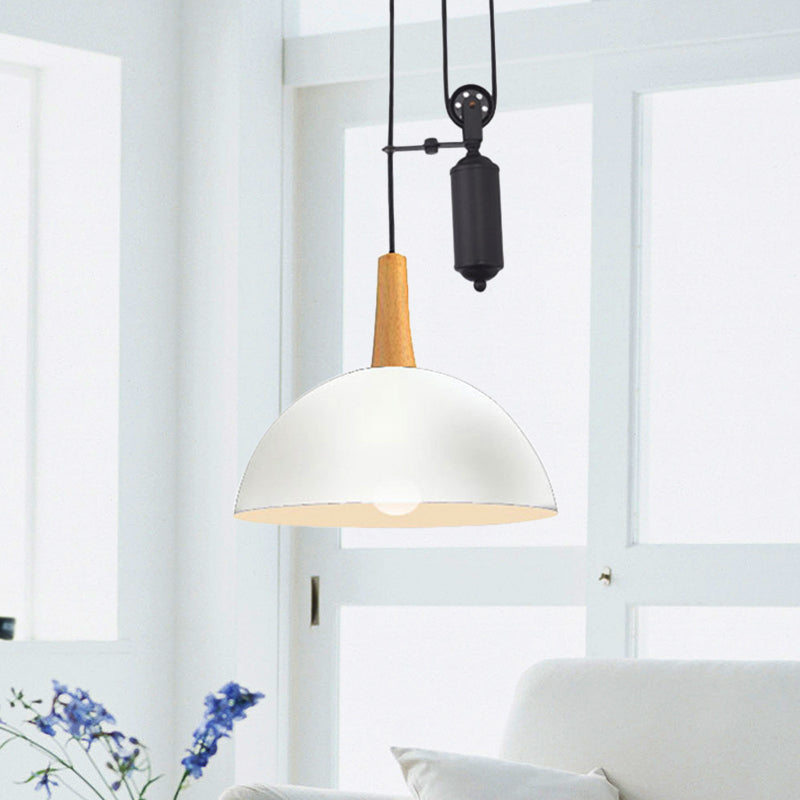 Domed Kitchen Pendant Light Fixture with Pulley Industrial Style Metal 1 Light Black/White Hanging Lamp Clearhalo 'Ceiling Lights' 'Industrial Pendants' 'Industrial' 'Middle Century Pendants' 'Pendant Lights' 'Pendants' 'Tiffany' Lighting' 456374