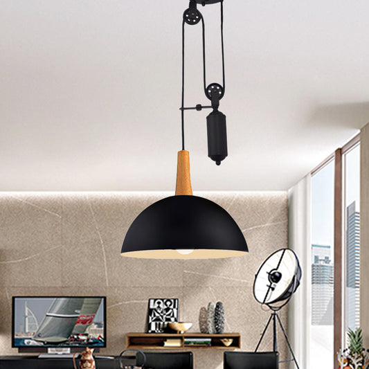 Domed Kitchen Pendant Light Fixture with Pulley Industrial Style Metal 1 Light Black/White Hanging Lamp Black Clearhalo 'Ceiling Lights' 'Industrial Pendants' 'Industrial' 'Middle Century Pendants' 'Pendant Lights' 'Pendants' 'Tiffany' Lighting' 456375