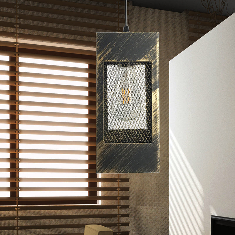 Metal Rectangle Pendant Light Fixture Rustic Style 1 Light Bedroom Hanging Lamp with Mesh Shade in Aged Brass/Weathered Copper Clearhalo 'Art Deco Pendants' 'Cast Iron' 'Ceiling Lights' 'Ceramic' 'Crystal' 'Industrial Pendants' 'Industrial' 'Metal' 'Middle Century Pendants' 'Pendant Lights' 'Pendants' 'Tiffany' Lighting' 456379