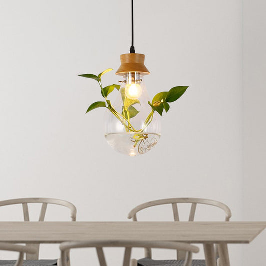 Exposed Bulb Dining Room Hanging Light Kit Industrial Clear Glass 1 Light Wood Pendant Lighting with Cap Clearhalo 'Ceiling Lights' 'Glass shade' 'Glass' 'Industrial Pendants' 'Industrial' 'Island Lights' 'Middle Century Pendants' 'Pendant Lights' 'Pendants' 'Tiffany' Lighting' 456380