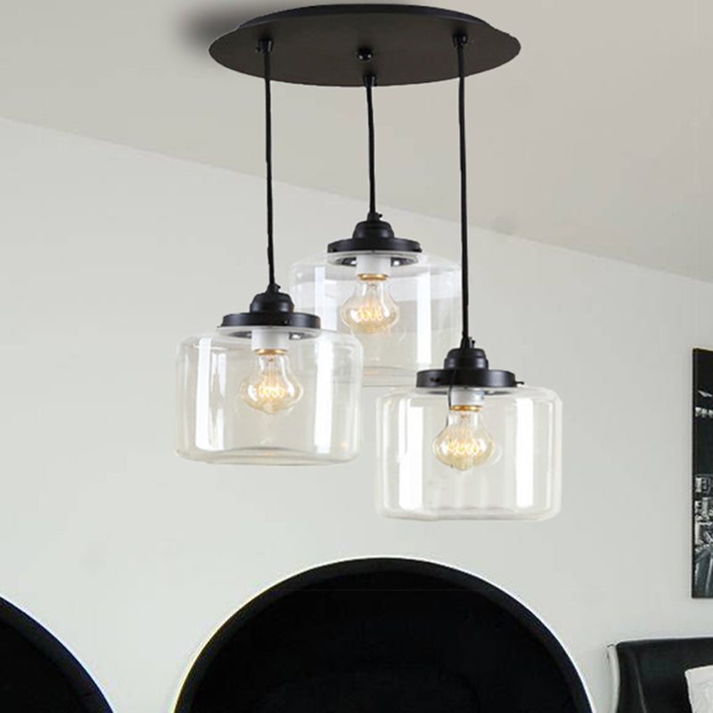 3 Lights Multiple Hanging Light Traditional Jar Shape Clear Glass Pendant Lighting in Black, Round Canopy Clearhalo 'Ceiling Lights' 'Glass shade' 'Glass' 'Industrial Pendants' 'Industrial' 'Middle Century Pendants' 'Pendant Lights' 'Pendants' 'Tiffany' Lighting' 456397