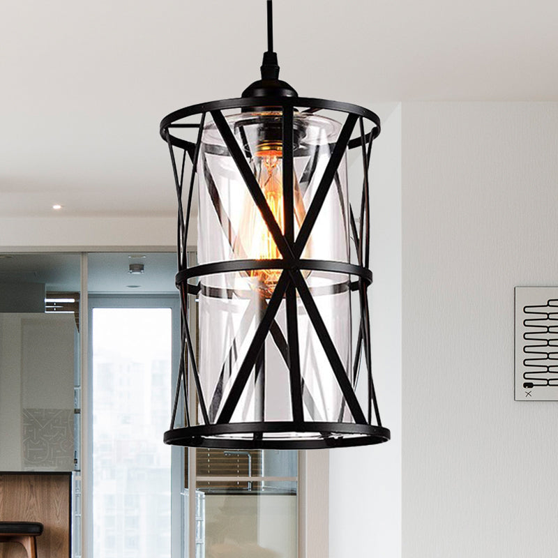 1 Light Pendant Lighting Industrial Cylinder Clear Glass Hanging Ceiling Light in Black with Iron Frame Clearhalo 'Ceiling Lights' 'Chandeliers' 'Glass shade' 'Glass' 'Industrial Pendants' 'Industrial' 'Middle Century Pendants' 'Pendant Lights' 'Pendants' 'Tiffany' Lighting' 456405