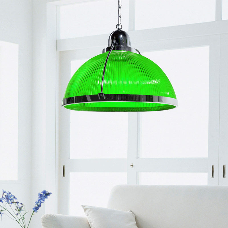 Acrylic and Metal Ribbed Dome Pendant Lighting Industrial 1 Head Living Room Hanging Lamp in White/Red/Yellow Green Clearhalo 'Ceiling Lights' 'Industrial Pendants' 'Industrial' 'Middle Century Pendants' 'Pendant Lights' 'Pendants' 'Tiffany' Lighting' 456423