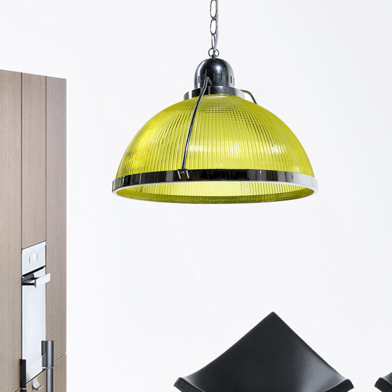 Acrylic and Metal Ribbed Dome Pendant Lighting Industrial 1 Head Living Room Hanging Lamp in White/Red/Yellow Yellow Clearhalo 'Ceiling Lights' 'Industrial Pendants' 'Industrial' 'Middle Century Pendants' 'Pendant Lights' 'Pendants' 'Tiffany' Lighting' 456424