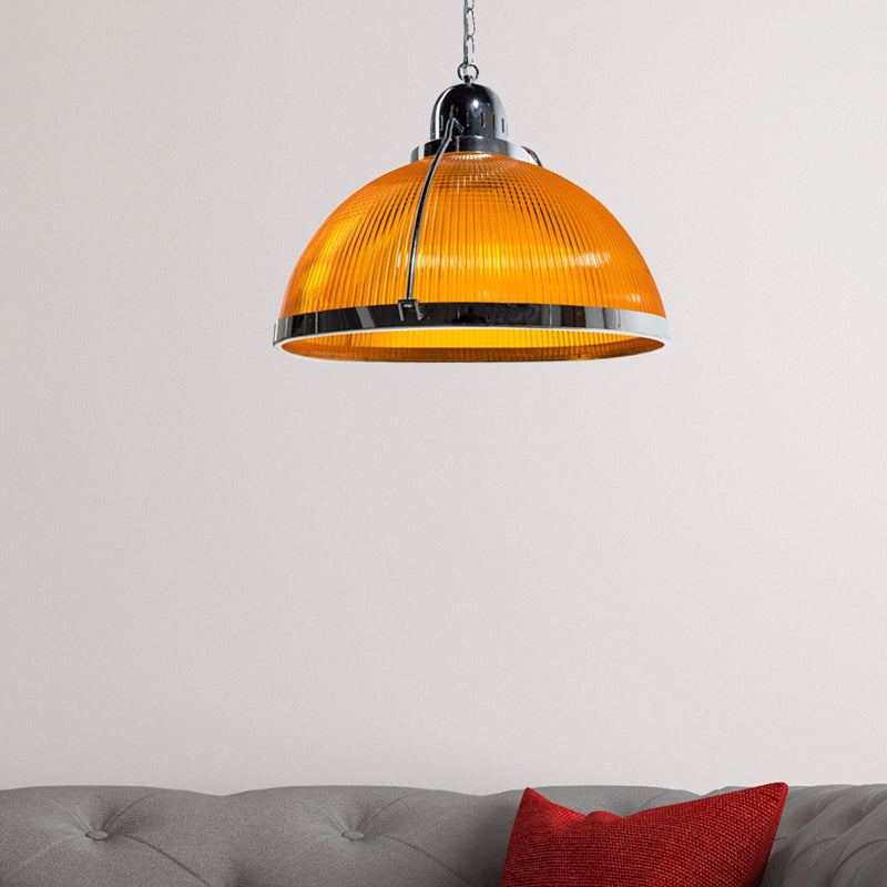 Acrylic and Metal Ribbed Dome Pendant Lighting Industrial 1 Head Living Room Hanging Lamp in White/Red/Yellow Orange Clearhalo 'Ceiling Lights' 'Industrial Pendants' 'Industrial' 'Middle Century Pendants' 'Pendant Lights' 'Pendants' 'Tiffany' Lighting' 456425