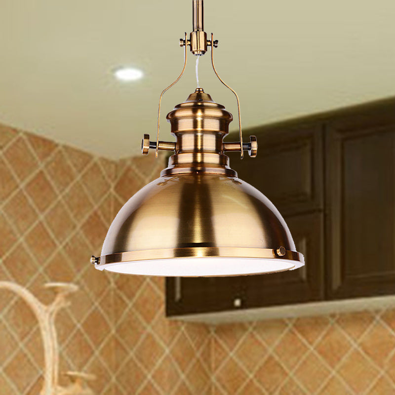 Metal Dome Shade Pendant Light Antique Style 1 Light Hanging Lamp with Frosted Diffuser in Antique Brass Clearhalo 'Art Deco Pendants' 'Cast Iron' 'Ceiling Lights' 'Ceramic' 'Crystal' 'Industrial Pendants' 'Industrial' 'Metal' 'Middle Century Pendants' 'Pendant Lights' 'Pendants' 'Tiffany' Lighting' 456476