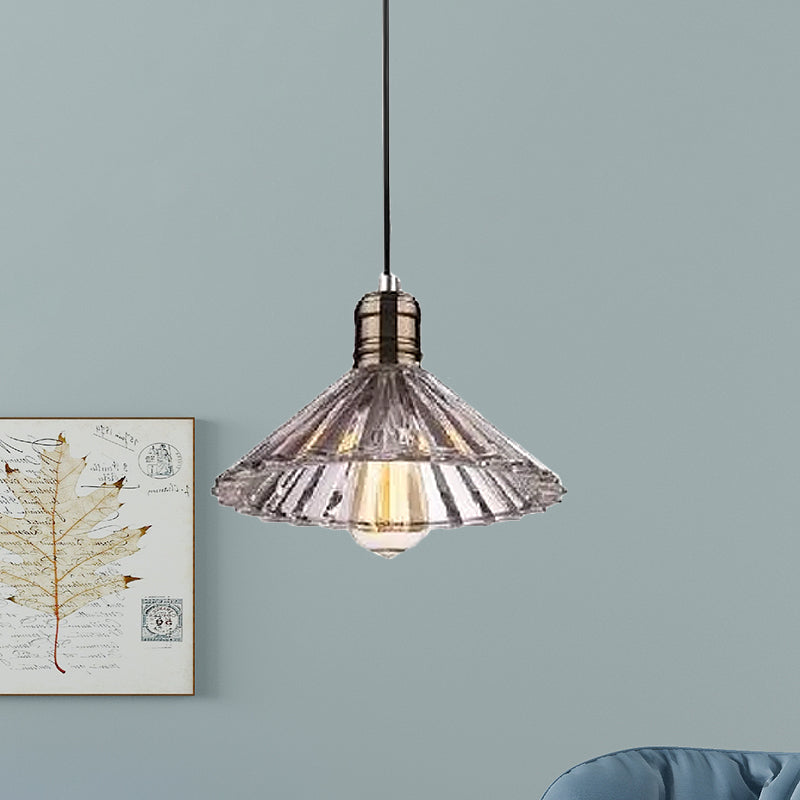 One Light Lighting Fixture with Cone Shape Ribbed Glass Farmhouse Living Room Pendant Light in Bronze/Brass Clearhalo 'Ceiling Lights' 'Close To Ceiling Lights' 'Glass shade' 'Glass' 'Industrial Pendants' 'Industrial' 'Middle Century Pendants' 'Pendant Lights' 'Pendants' 'Tiffany' Lighting' 456505