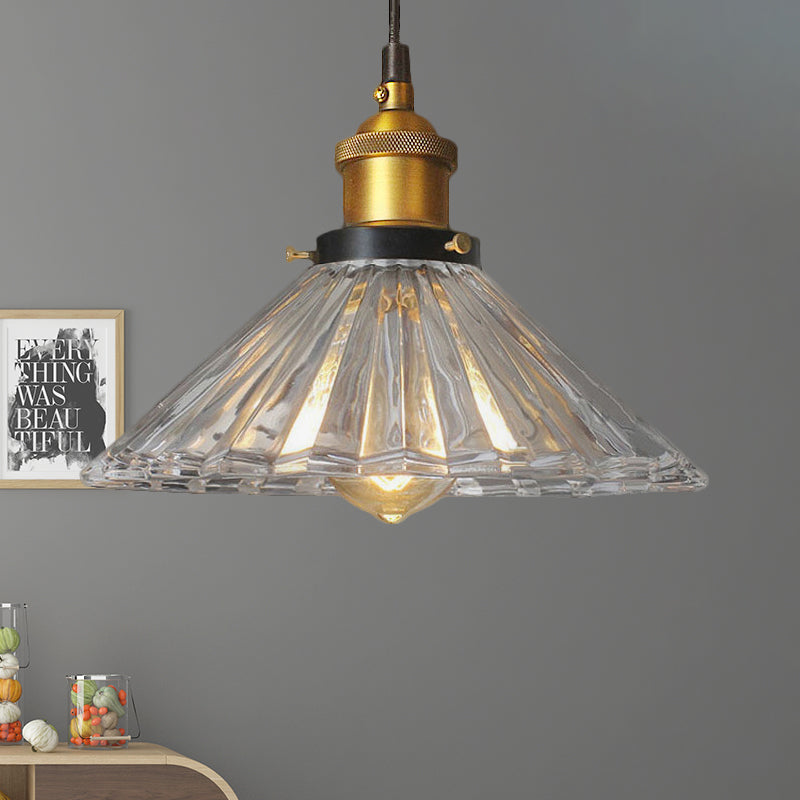One Light Lighting Fixture with Cone Shape Ribbed Glass Farmhouse Living Room Pendant Light in Bronze/Brass Clearhalo 'Ceiling Lights' 'Close To Ceiling Lights' 'Glass shade' 'Glass' 'Industrial Pendants' 'Industrial' 'Middle Century Pendants' 'Pendant Lights' 'Pendants' 'Tiffany' Lighting' 456507