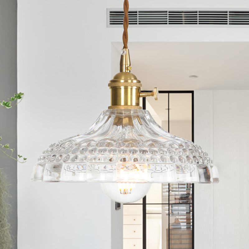 Brass 1 Light Ceiling Pendant Light Industrial Clear Glass Saucer/Dome/Prismatic Hanging Lamp for Living Room Clearhalo 'Ceiling Lights' 'Glass shade' 'Glass' 'Pendant Lights' 'Pendants' Lighting' 456537