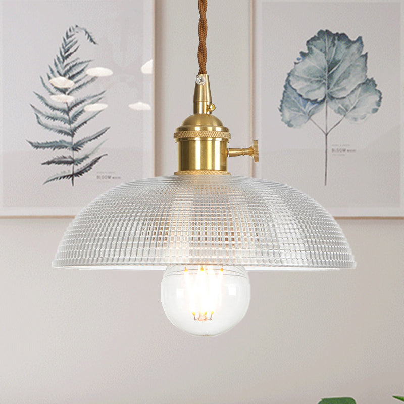 Brass 1 Light Ceiling Pendant Light Industrial Clear Glass Saucer/Dome/Prismatic Hanging Lamp for Living Room Clearhalo 'Ceiling Lights' 'Glass shade' 'Glass' 'Pendant Lights' 'Pendants' Lighting' 456538