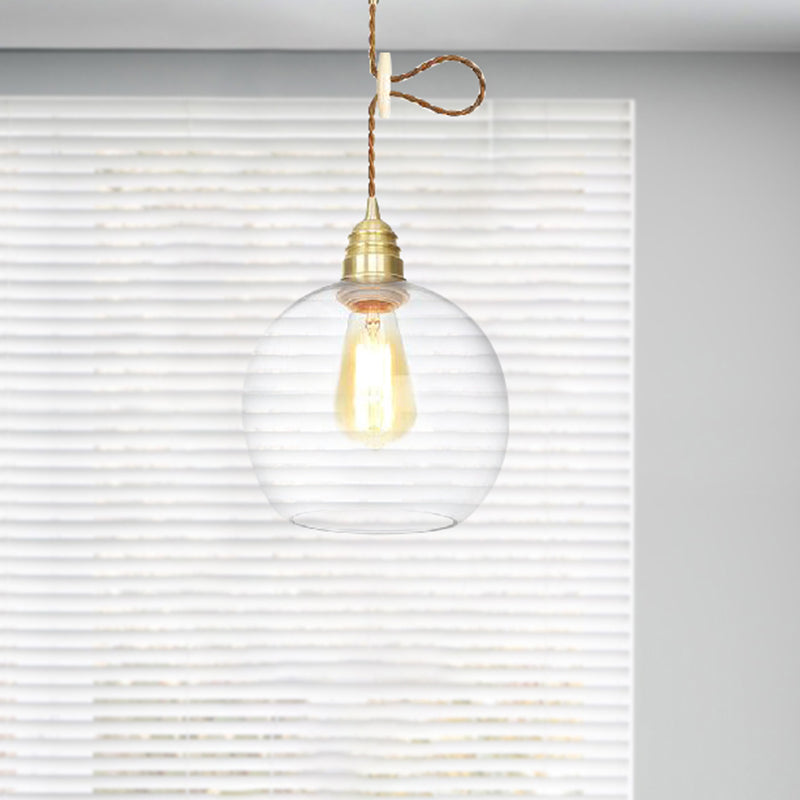 Globe Pendant Lighting Industrial 1 Light 8" /10"/12" Wide Clear Glass Hanging Lamp in Brass Clearhalo 'Ceiling Lights' 'Close To Ceiling Lights' 'Glass shade' 'Glass' 'Industrial Pendants' 'Industrial' 'Middle Century Pendants' 'Pendant Lights' 'Pendants' 'Tiffany' Lighting' 456546