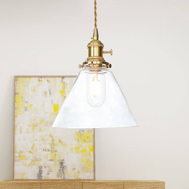 Brass 1 Light Pendant Ceiling Light Farmhouse Clear/Amber Glass Cone Lighting Fixture for Living Room Clearhalo 'Ceiling Lights' 'Glass shade' 'Glass' 'Industrial Pendants' 'Industrial' 'Middle Century Pendants' 'Pendant Lights' 'Pendants' 'Tiffany' Lighting' 456547