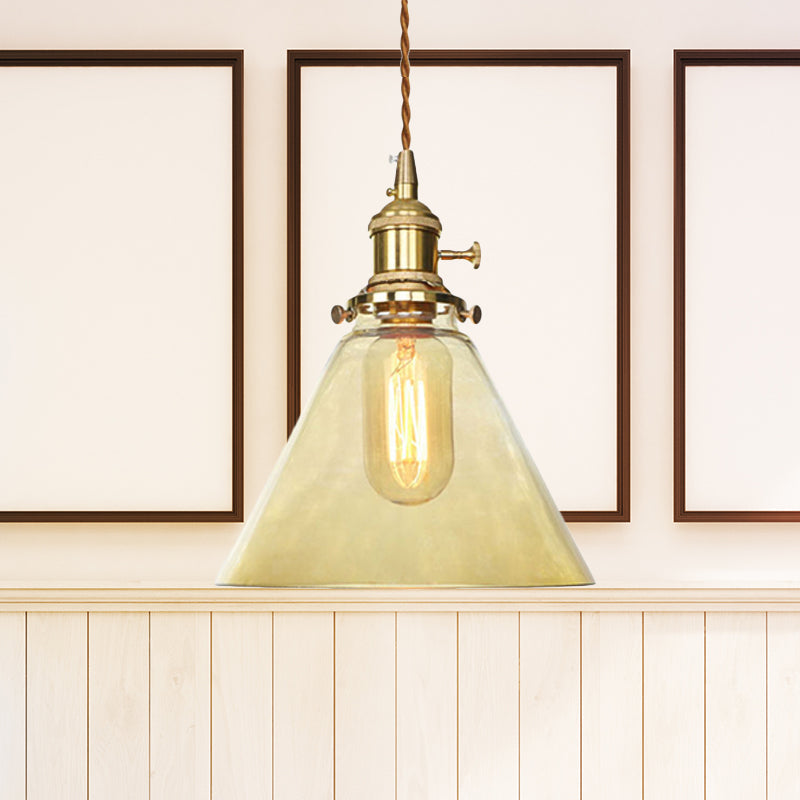 Brass 1 Light Pendant Ceiling Light Farmhouse Clear/Amber Glass Cone Lighting Fixture for Living Room Clearhalo 'Ceiling Lights' 'Glass shade' 'Glass' 'Industrial Pendants' 'Industrial' 'Middle Century Pendants' 'Pendant Lights' 'Pendants' 'Tiffany' Lighting' 456548